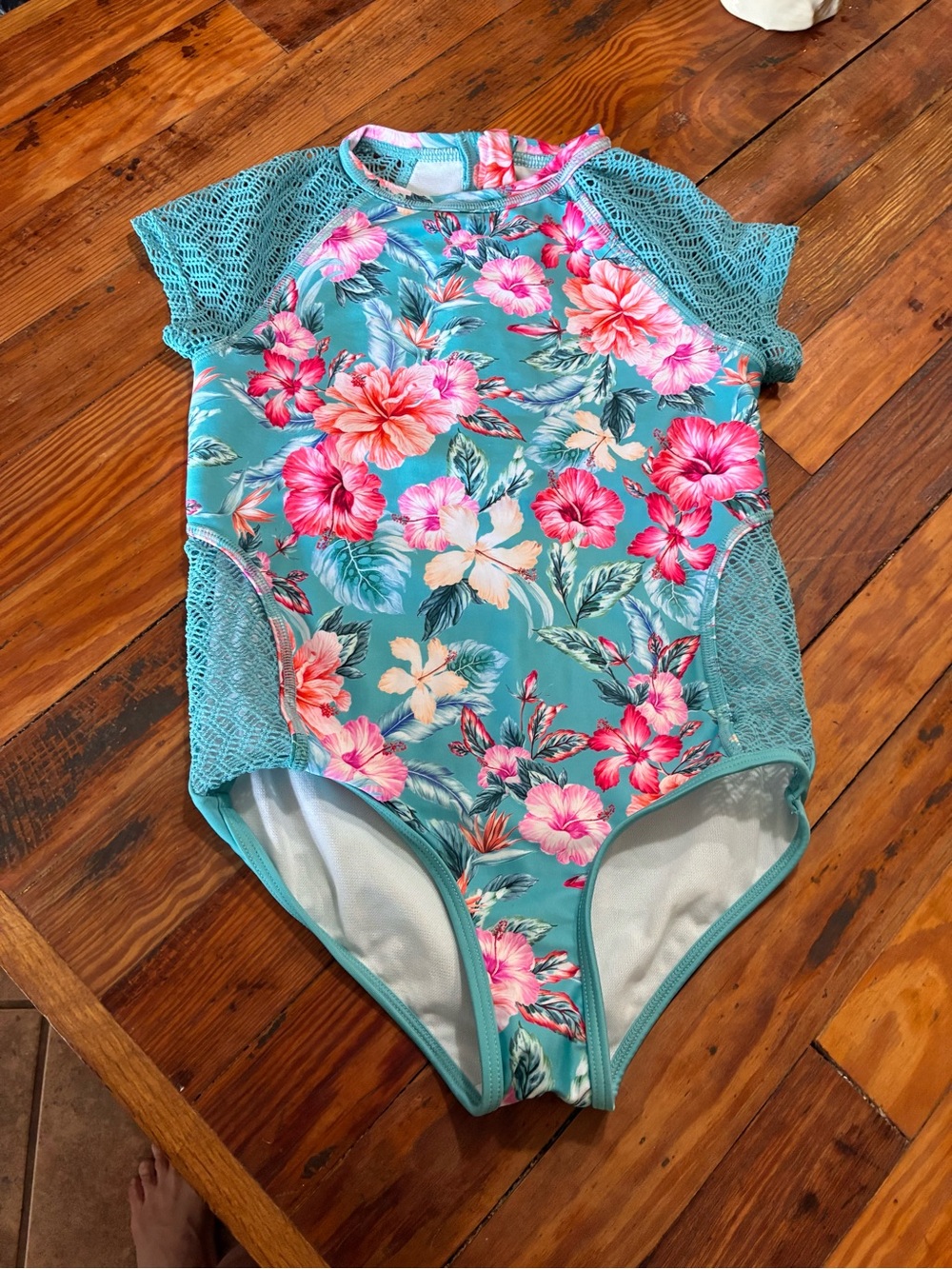 art class Turquoise Floral One-Piece Swim Suit with back zipper 8 plus